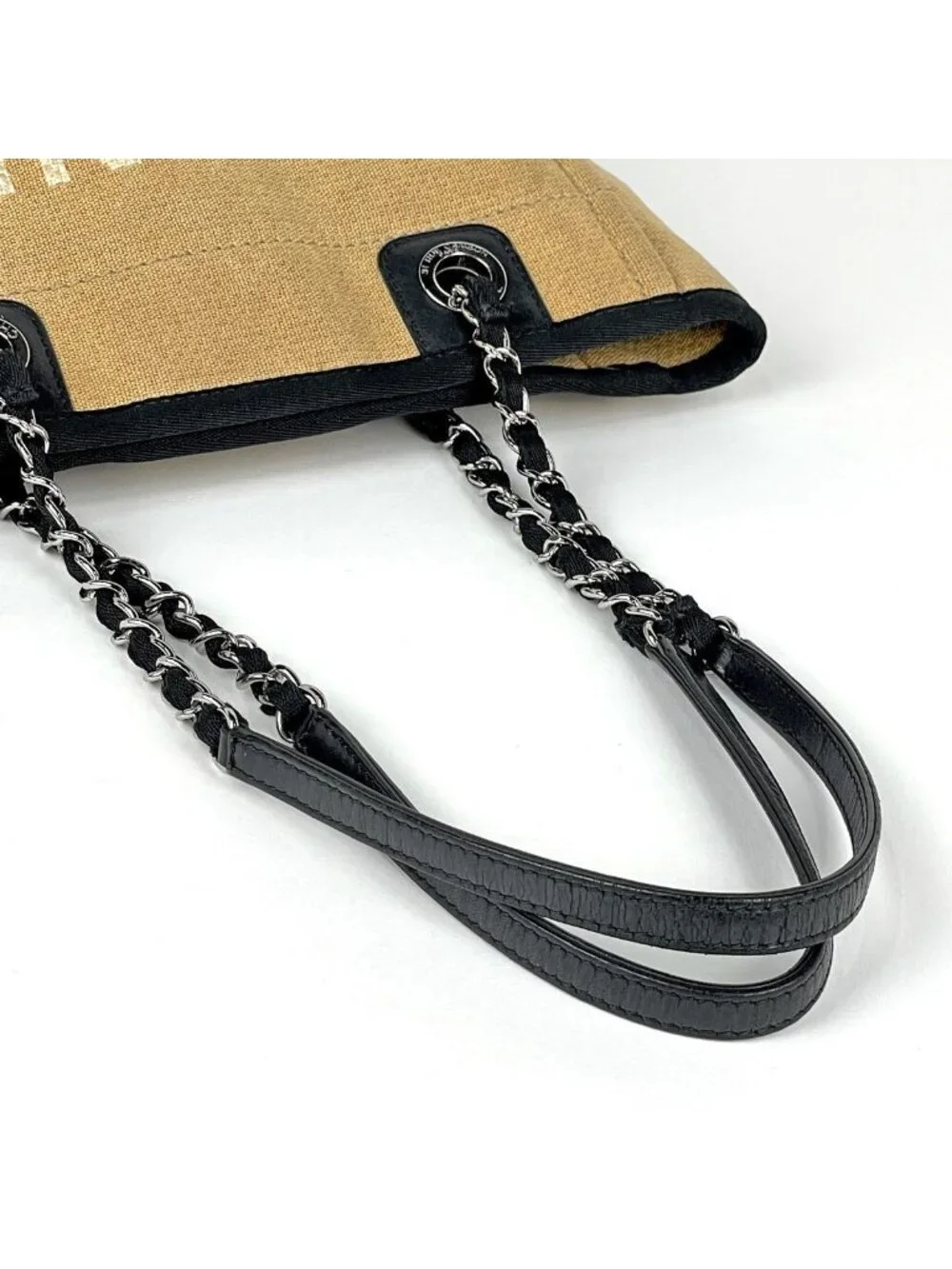 Chanel Deauville Chain Tote CC Logo PM Canvas Beige